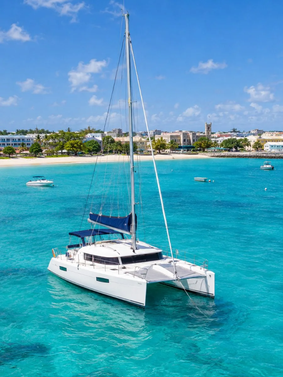 Ein Katamaran vor Anker im türkisfarbenen Wasser der Carlisle Bay mit der niedrigen Skyline von Bridgetown und einem weißen Strand im Hintergrund
