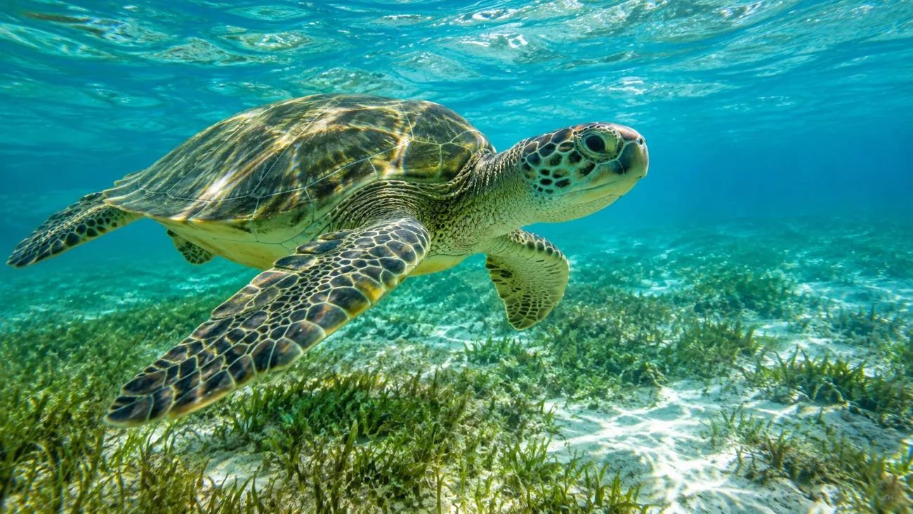 Eine grüne Meeresschildkröte schwimmt über Seegras nahe der Oberfläche in klarem Wasser vor der Westküste von Barbados
