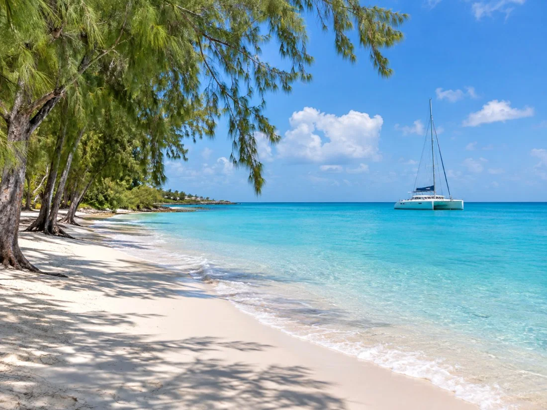 Ein Weißsandstrand an der Westküste von Barbados mit ruhigem türkisfarbenem Wasser und Kasuarinen