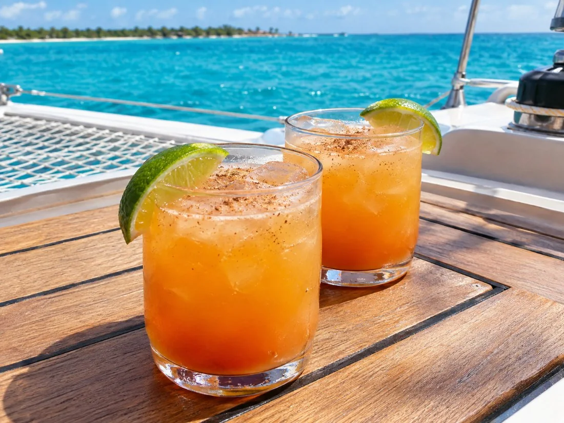 Gläser Rum Punch mit Muskatnuss auf dem Deck eines Katamarans mit dem Meer im Hintergrund