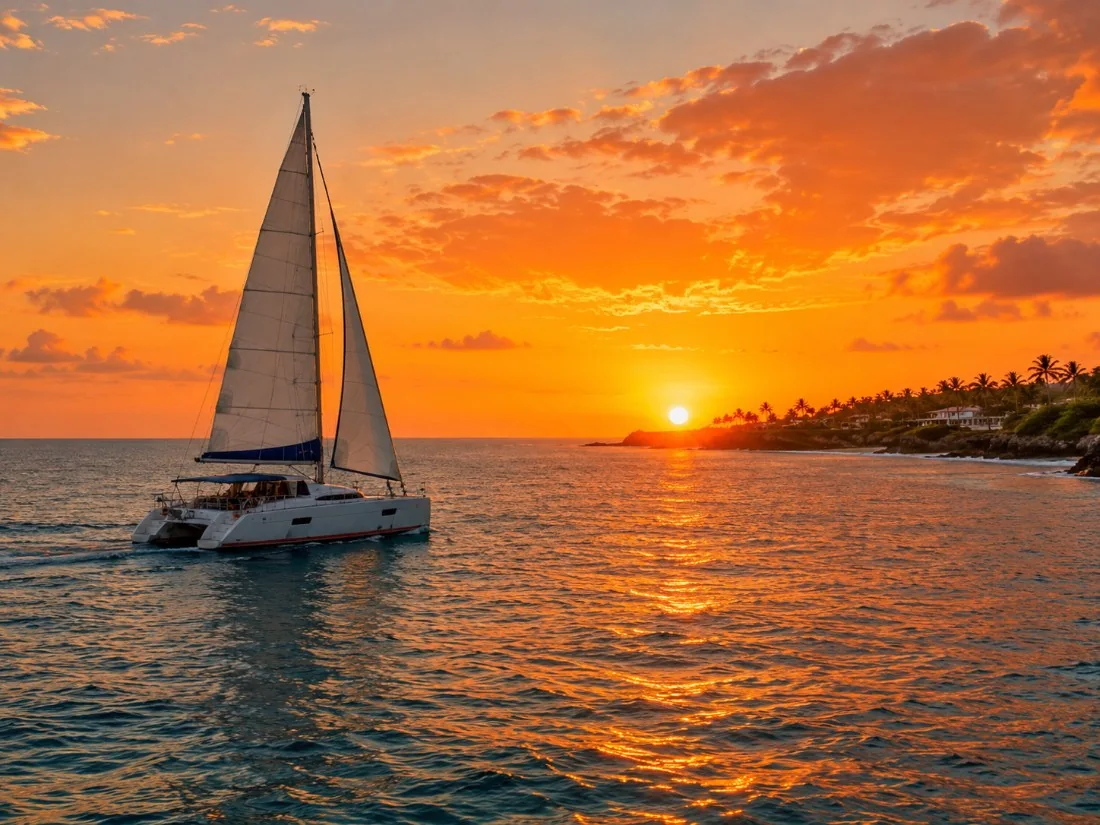 Ein Katamaran segelt bei Sonnenuntergang entlang der Küste von Barbados mit einem orangen Himmel über dem Karibischen Meer