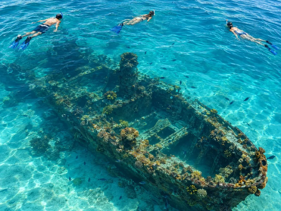 Schnorchelgänger, die über einem korallenbewachsenen Schiffswrack im flachen blauen Wasser der Carlisle Bay schweben